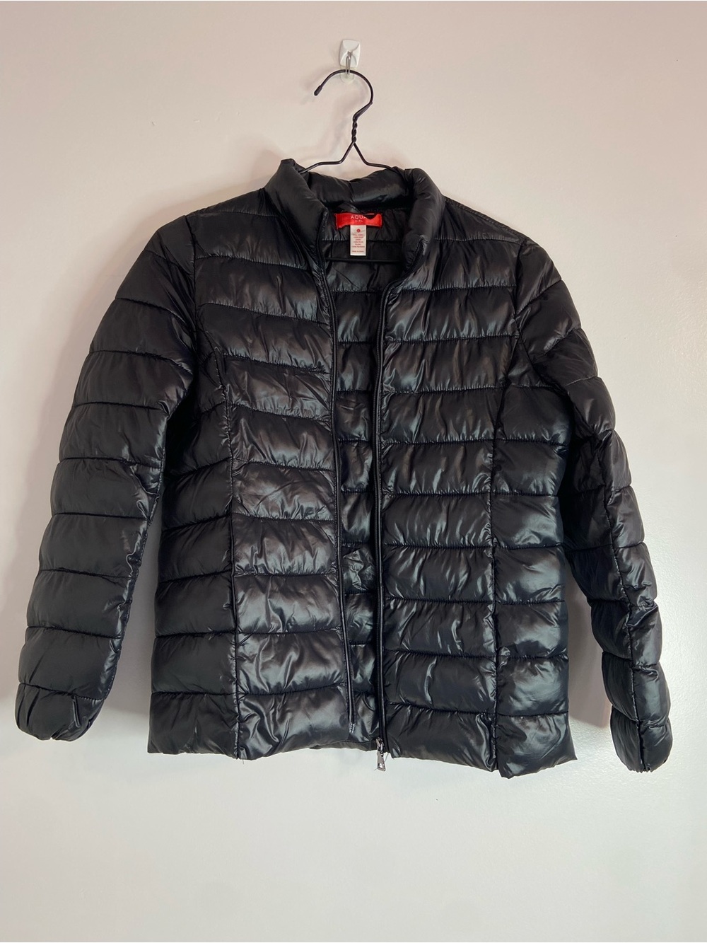 Girl’s AQUA Bloomingdale's Black Gloss Quilted Puffer Jacket Large